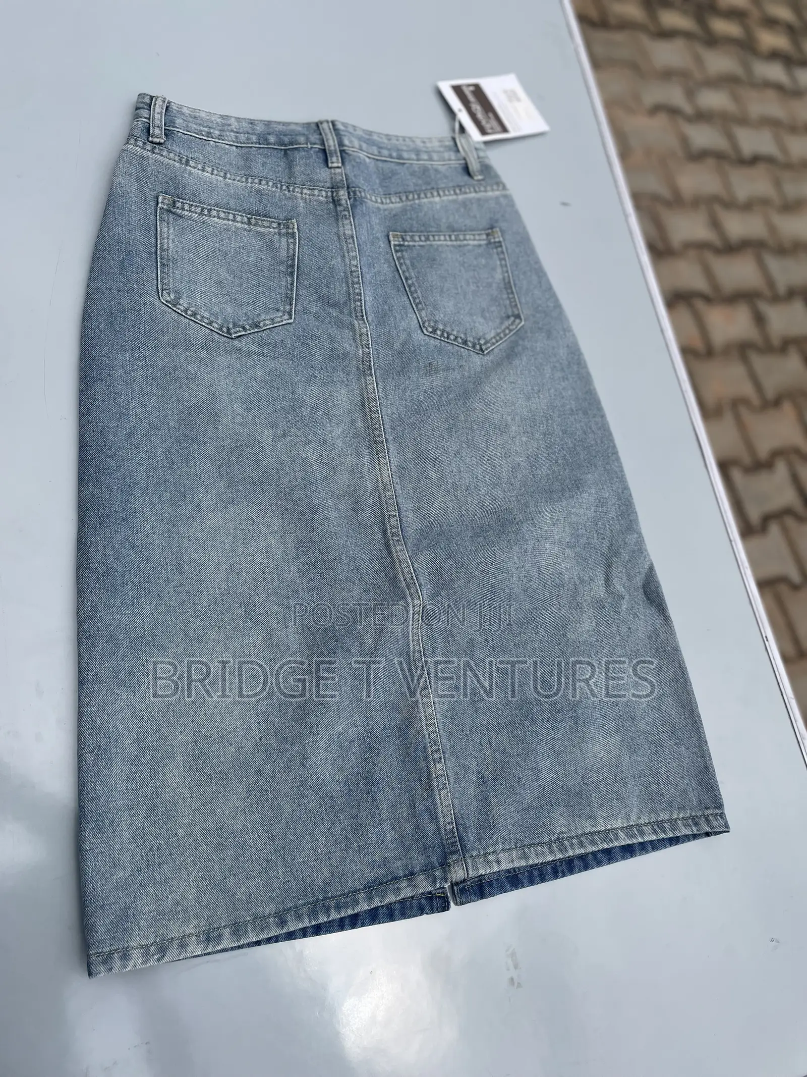 Light Wash Denim Midi Skirt With Front Slit