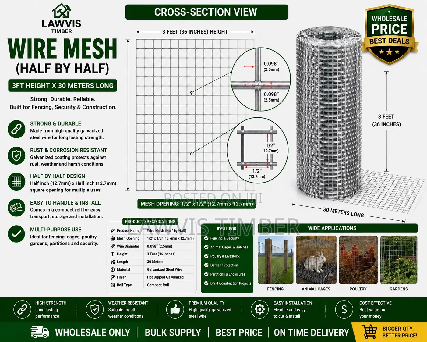 1/2” Chicken Wire Mesh | 3ft × 30m Galvanized Poultry Netting