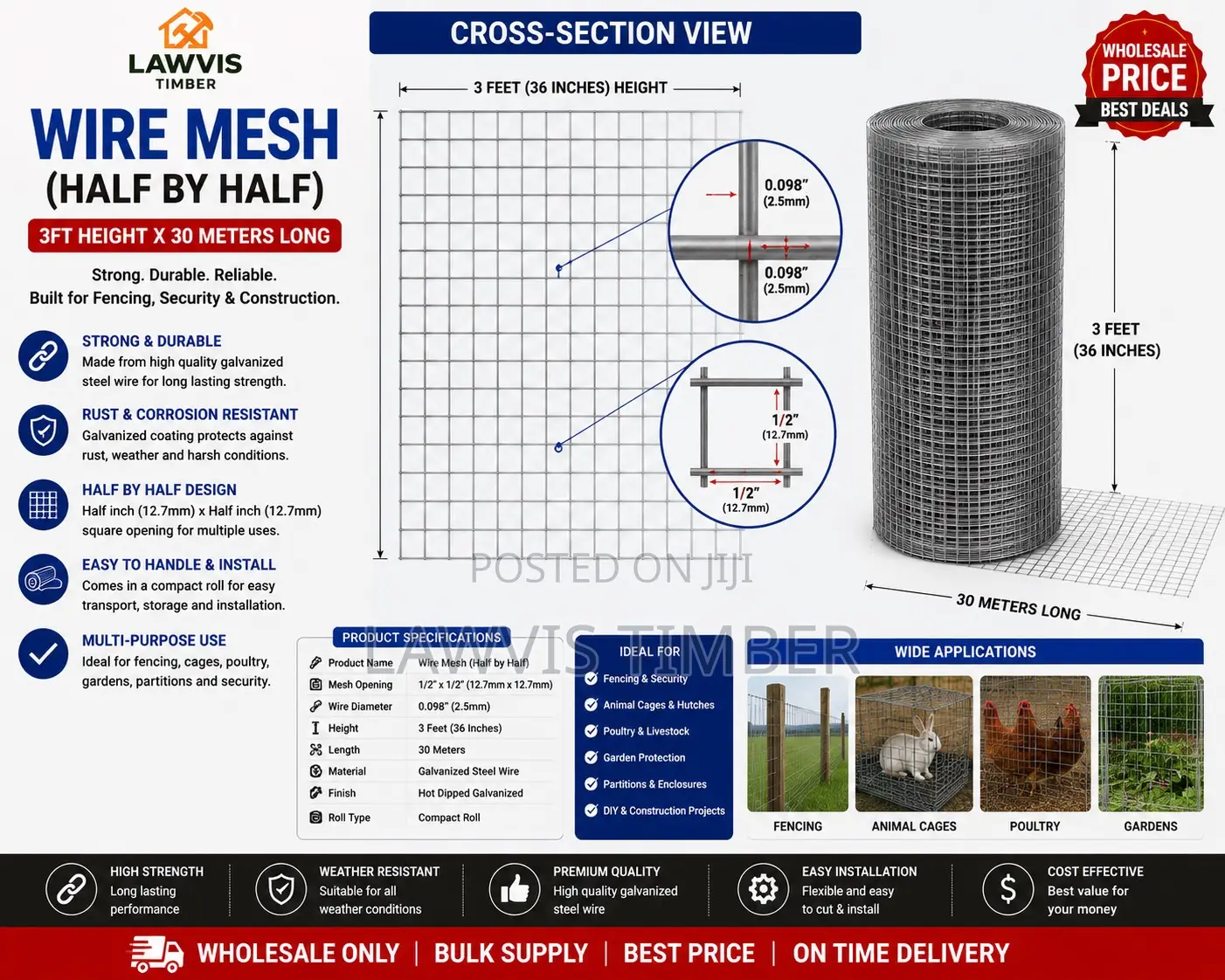 1/2” Chicken Wire Mesh | 3ft × 30m Galvanized Poultry Netting