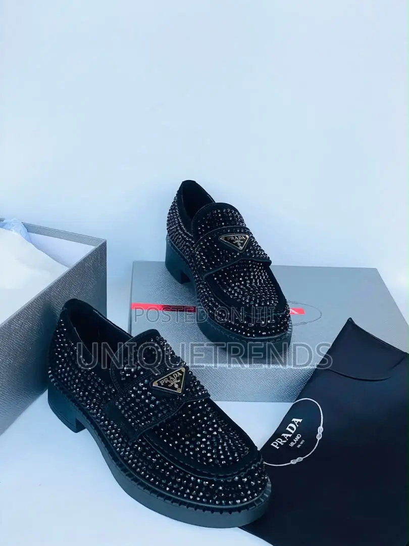 PRADA Chocolate Crystal-Studded Satin Loafers