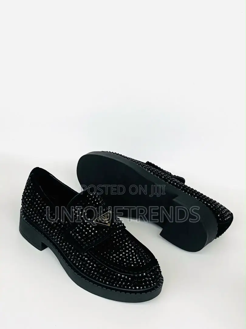 PRADA Chocolate Crystal-Studded Satin Loafers