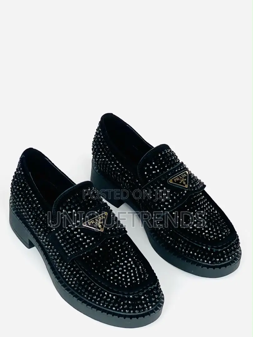 PRADA Chocolate Crystal-Studded Satin Loafers