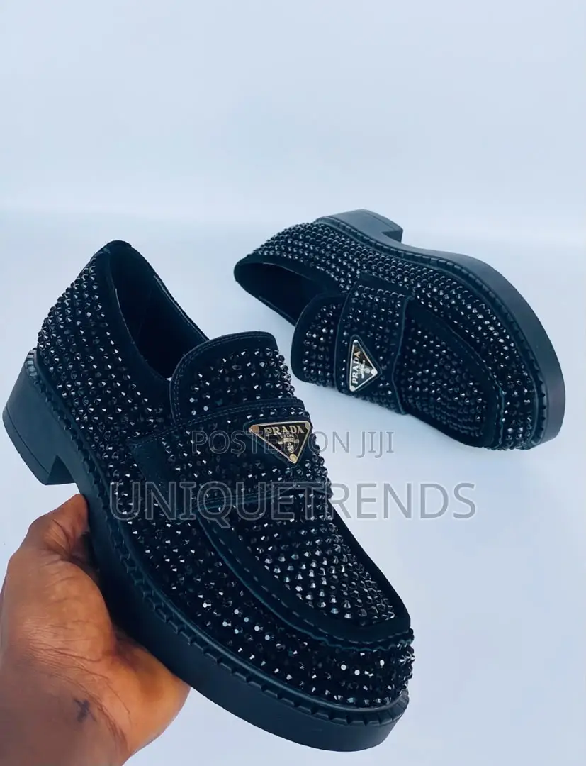 PRADA Chocolate Crystal-Studded Satin Loafers