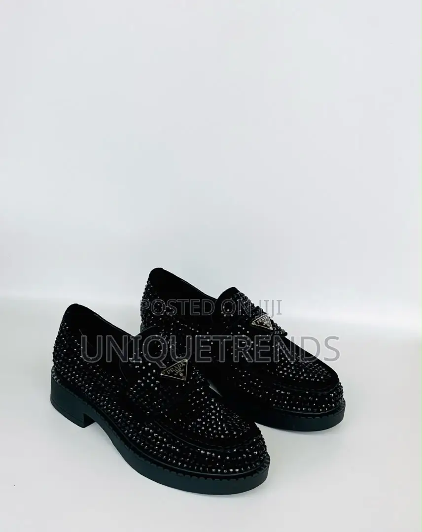 PRADA Chocolate Crystal-Studded Satin Loafers