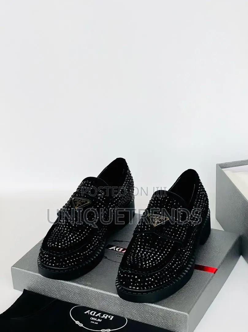 PRADA Chocolate Crystal-Studded Satin Loafers