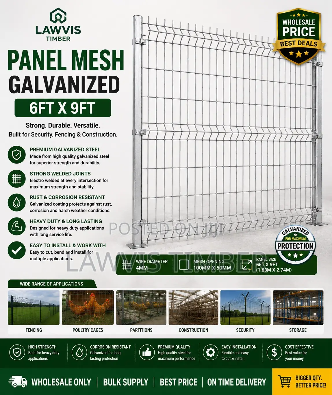 Galvanized Panel Mesh 6ft × 9ft | Heavy Duty Security Fence Panel