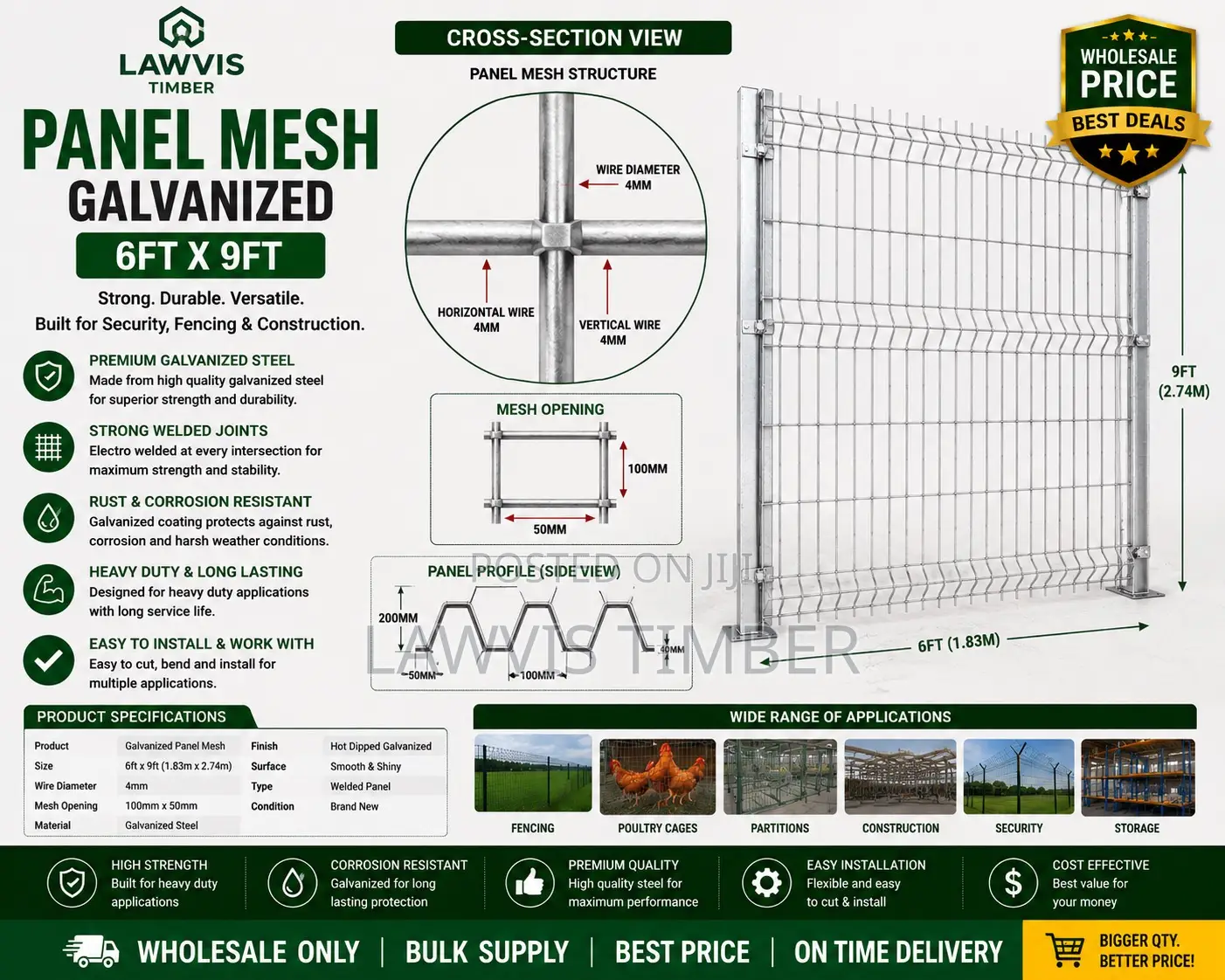 Galvanized Panel Mesh 6ft × 9ft | Heavy Duty Security Fence Panel