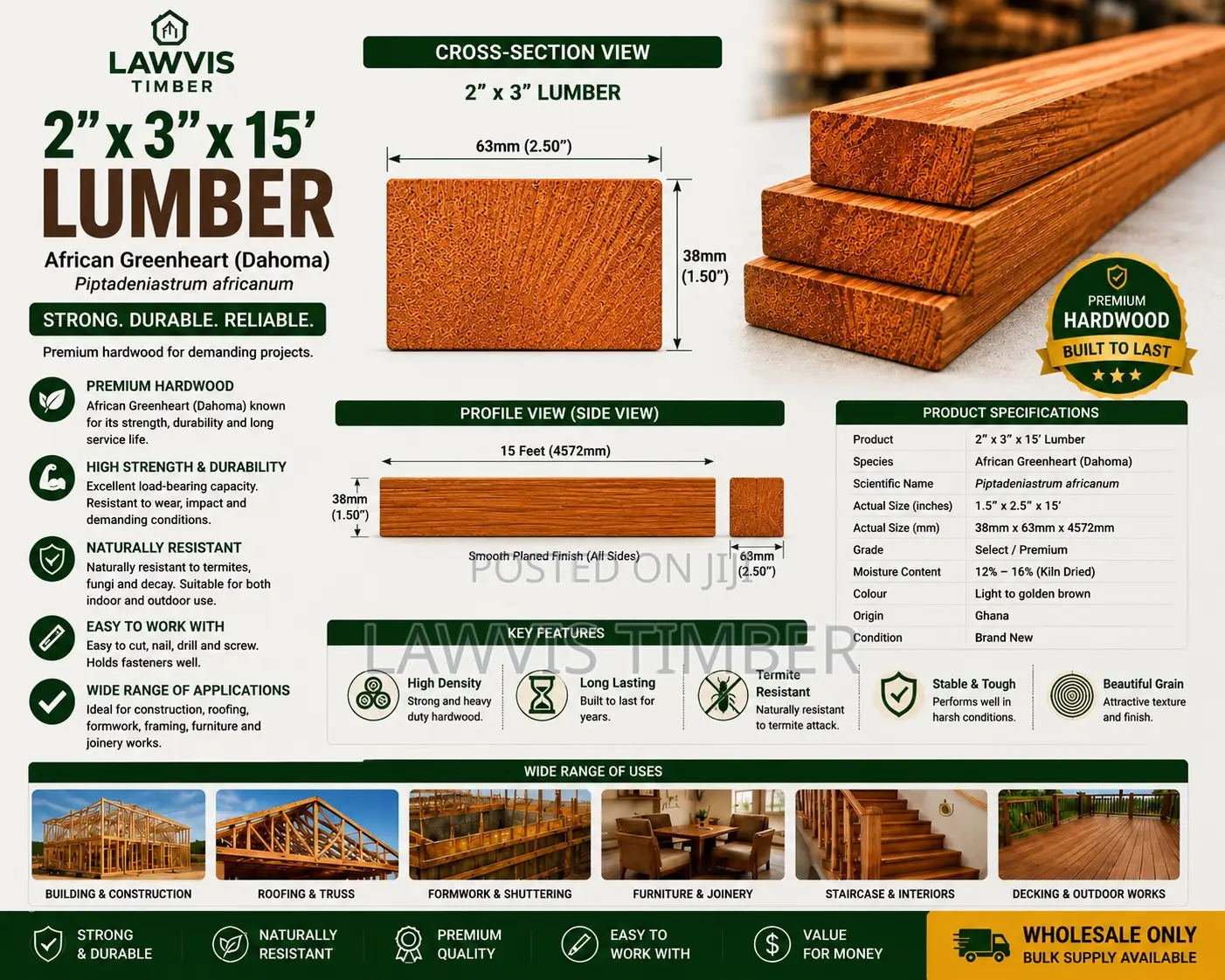2” × 3” × 15’ Dahoma Lumber | Premium African Greenheart Hardwood