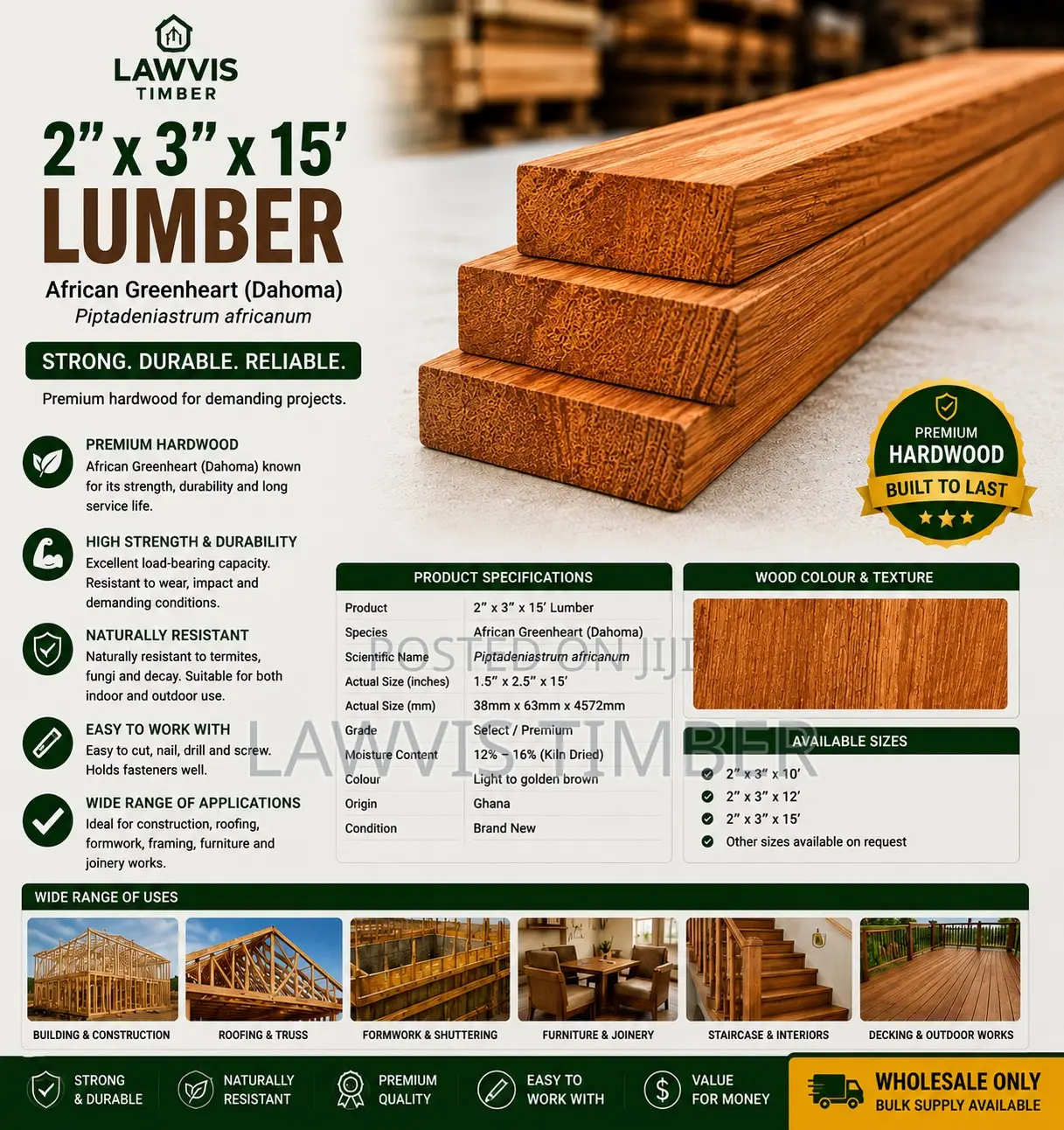 2” × 3” × 15’ Dahoma Lumber | Premium African Greenheart Hardwood