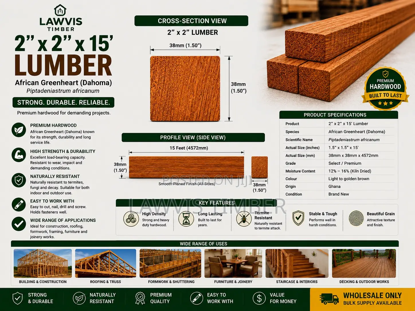 2” × 2” × 15’ Dahoma Lumber | Premium African Greenheart Hardwood