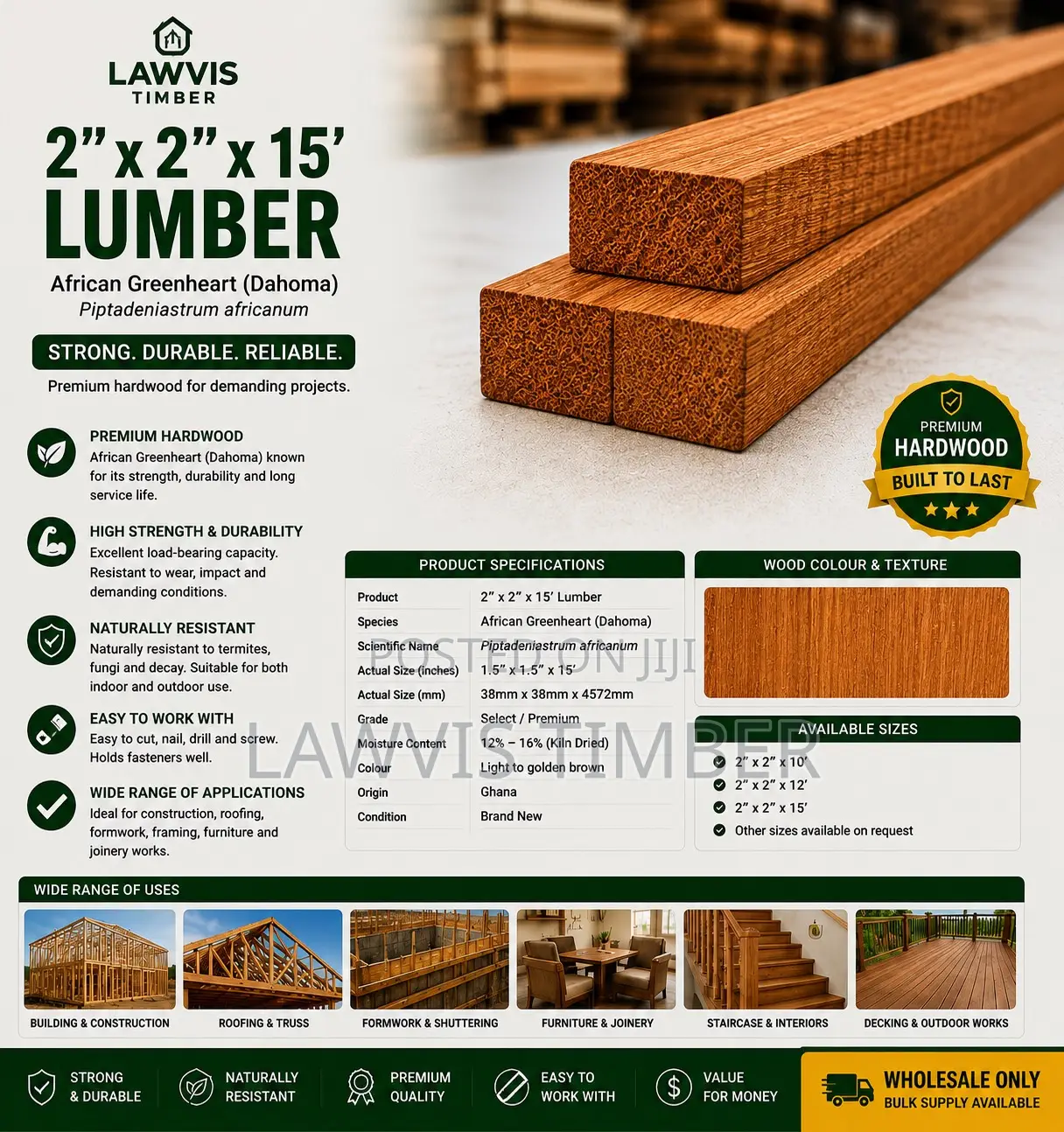 2” × 2” × 15’ Dahoma Lumber | Premium African Greenheart Hardwood