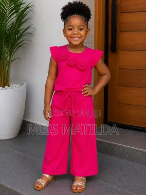 Fuchsia Rosette Flutter-Sleeve Wide-Leg Set (Ages 5-8)