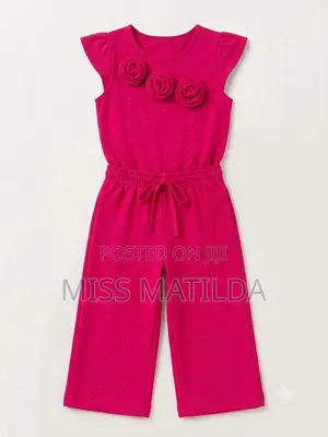 Fuchsia Rosette Flutter-Sleeve Wide-Leg Set (Ages 5-8)