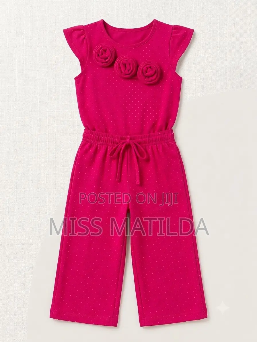 Fuchsia Rosette Flutter-Sleeve Wide-Leg Set (Ages 5-8)