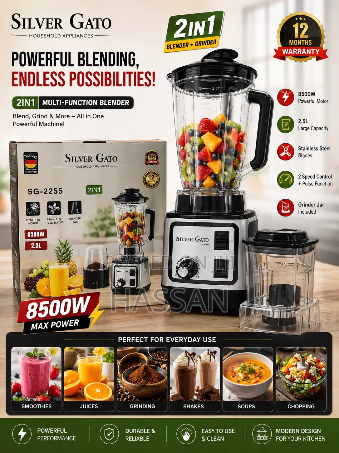 Silver Stainless 2in1 Blender 2.5Litres