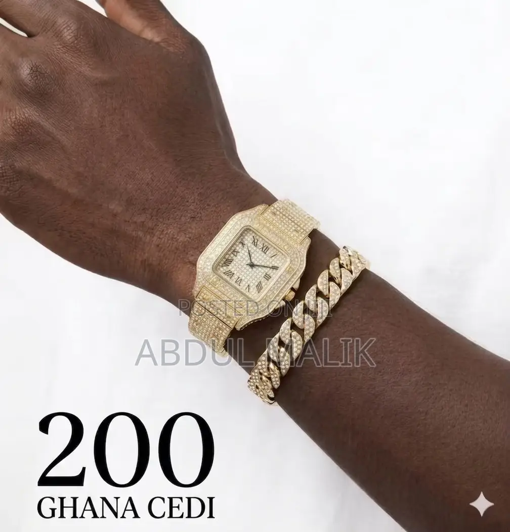 Men's Iced Out Gold Watch and Cuban Link Bracelet Combo Set