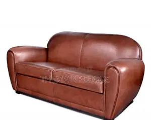Brown Leather Club Sofa Features Rounded Arms