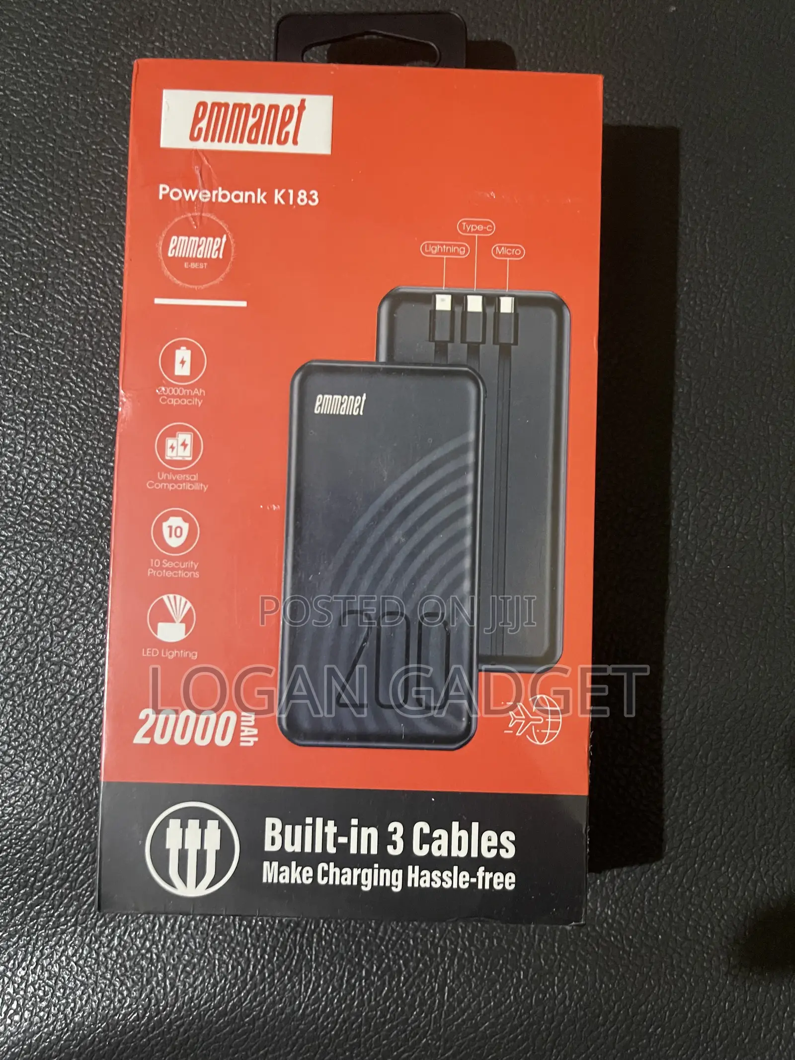 Emmanet 20,000mAh Power Bank – Built-in 3 Charging Cables
