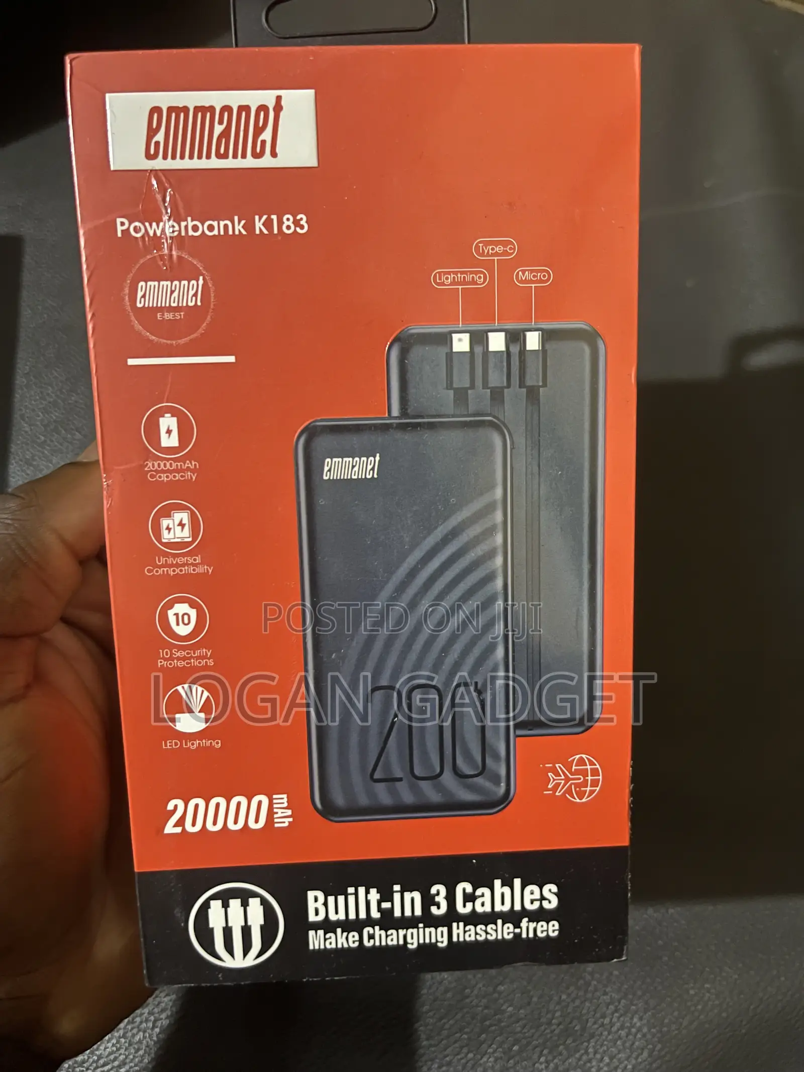 Emmanet 20,000mAh Power Bank – Built-in 3 Charging Cables