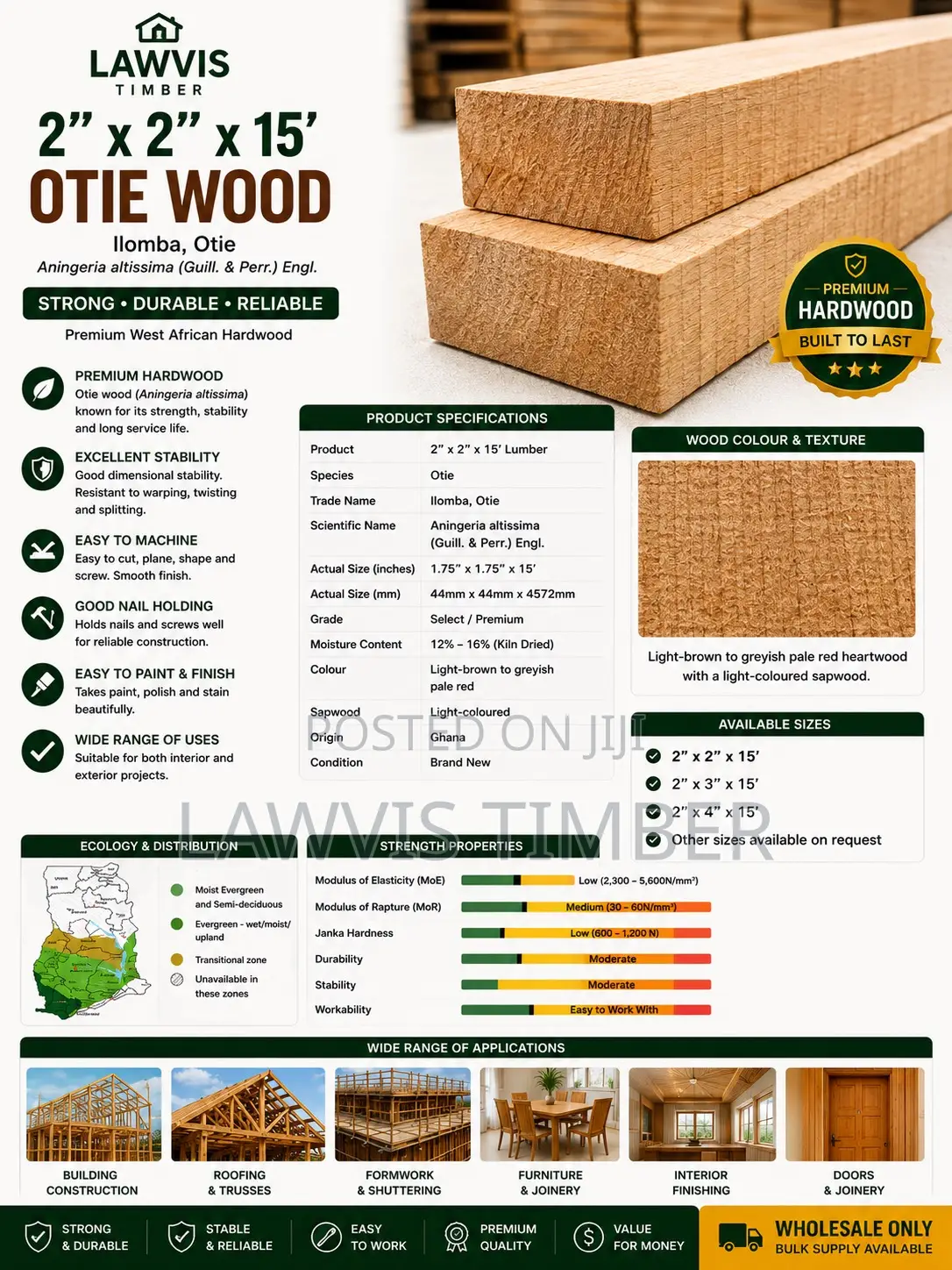 Premium Otie Wood 2” × 2” × 15ft (Aningeria Altissima)