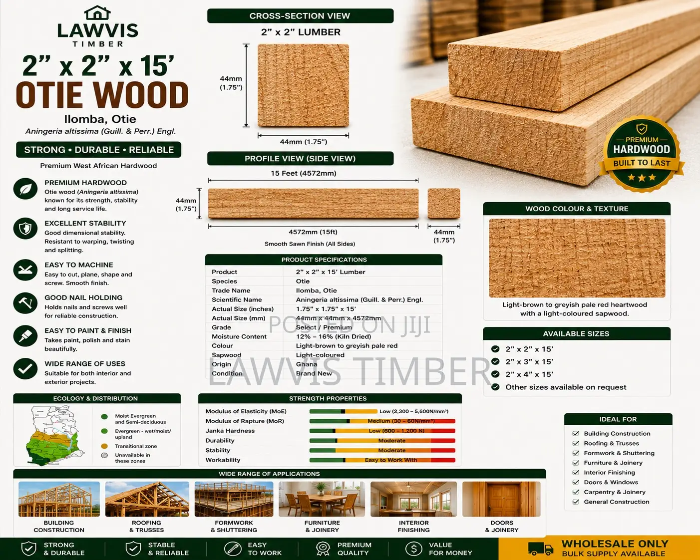 Premium Otie Wood 2” × 2” × 15ft (Aningeria Altissima)