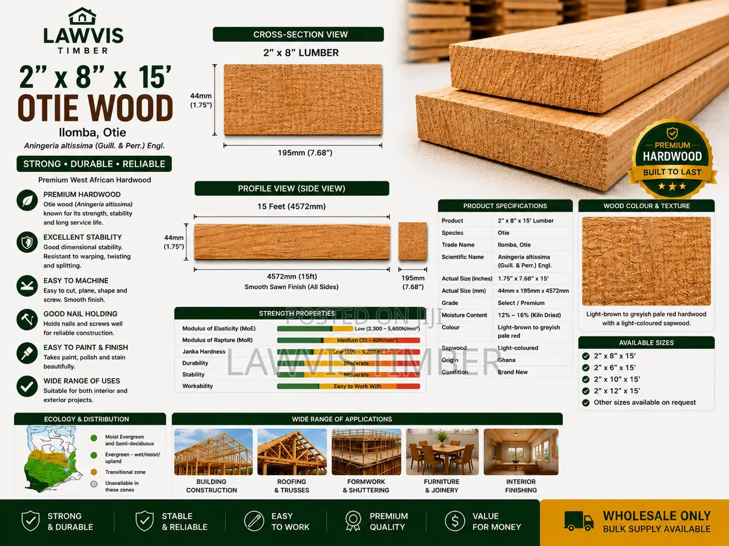 Premium Otie Wood 2” × 8” × 15ft (Ilomba) – Timber for Construction