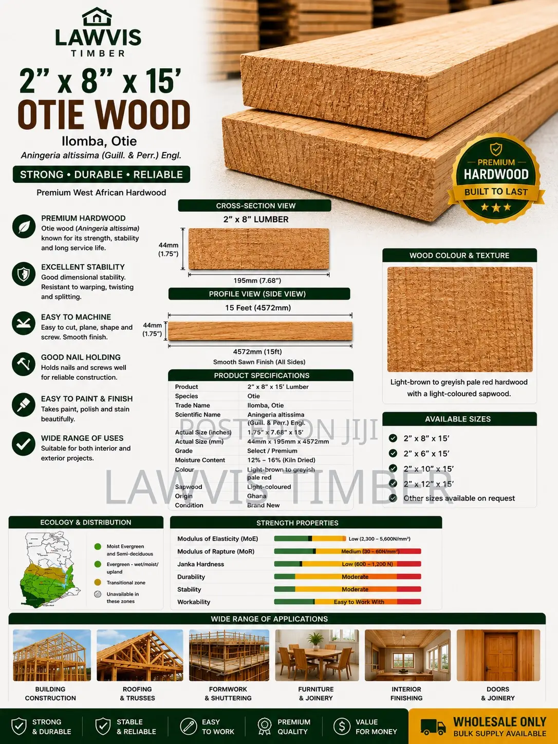 Premium Otie Wood 2” × 8” × 15ft (Ilomba) – Timber for Construction