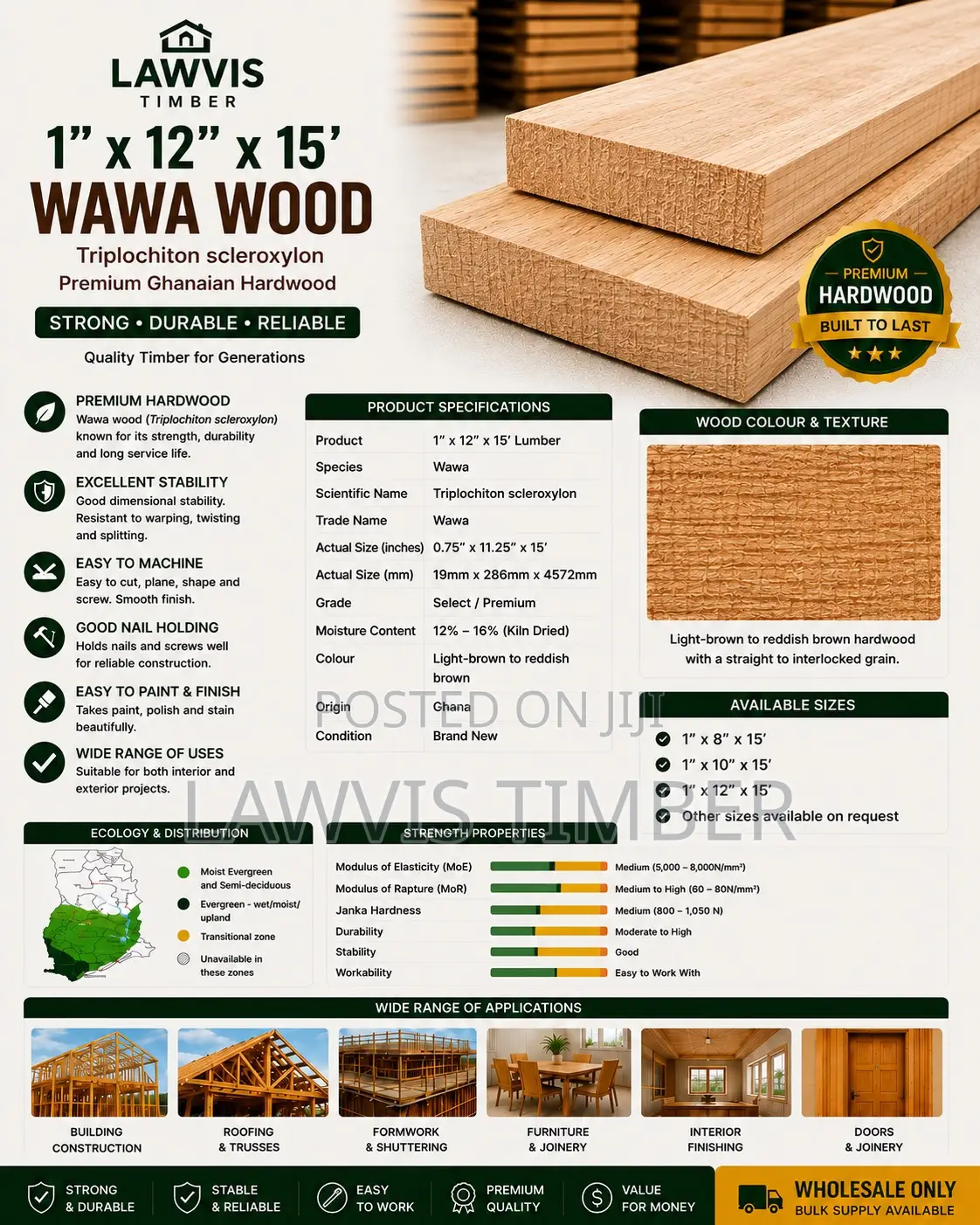 Premium Wawa Wood (Triplochiton Scleroxylon) 1” × 12” × 15ft
