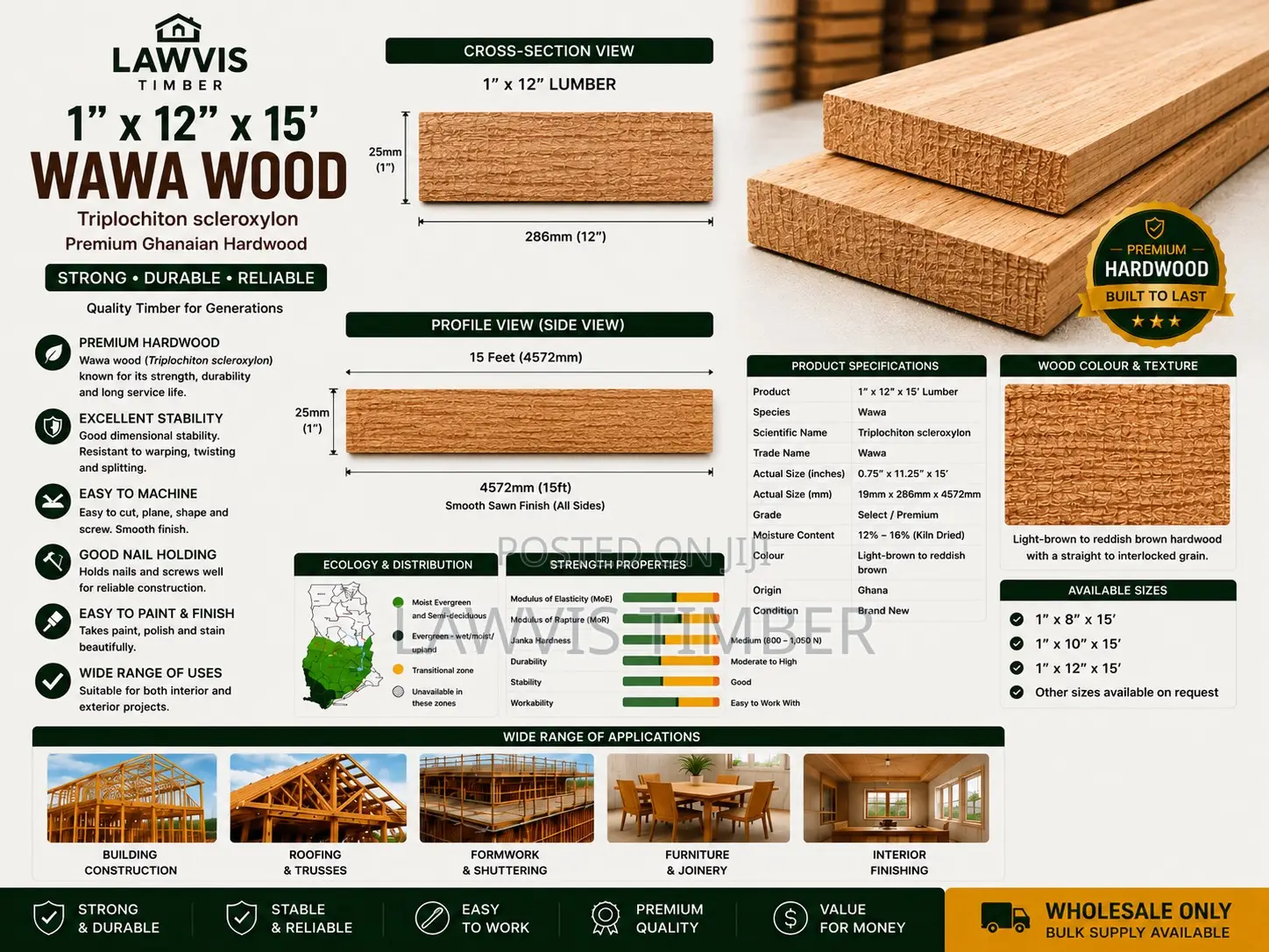 Premium Wawa Wood (Triplochiton Scleroxylon) 1” × 12” × 15ft