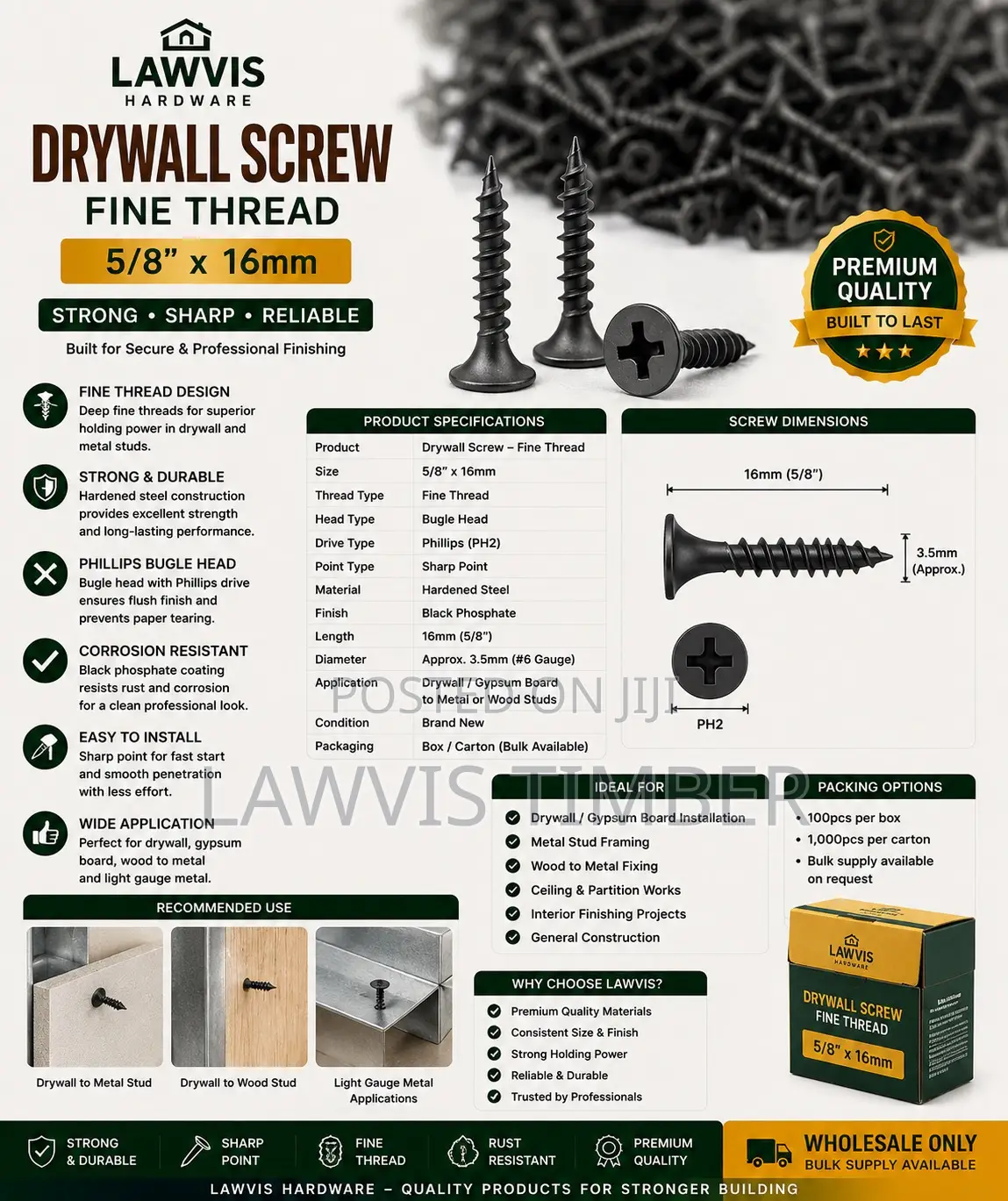 Drywall Screw Fine Thread 5/8” × 16mm – Premium Black Phosphate Screws