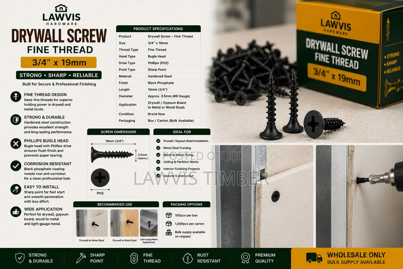 Premium Drywall Screw Fine Thread 3/4” X 19mm | Strong Steel