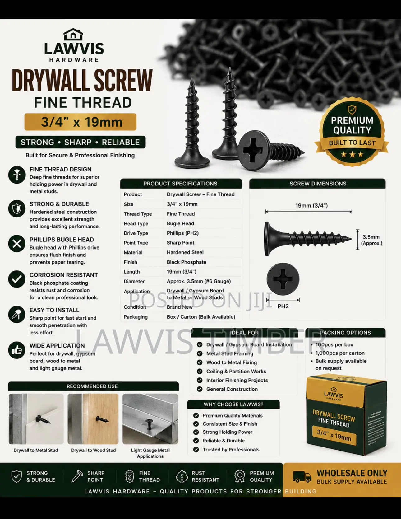 Premium Drywall Screw Fine Thread 3/4” X 19mm | Strong Steel