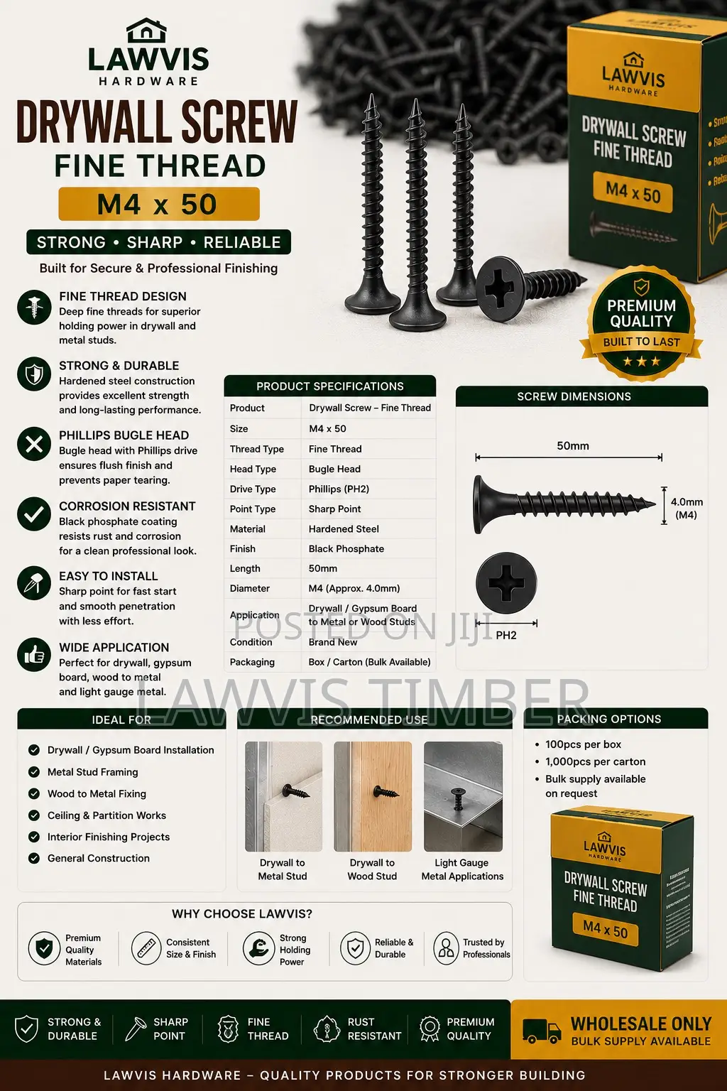 Drywall Screw Fine Thread M4 × 50mm | Black Phosphate