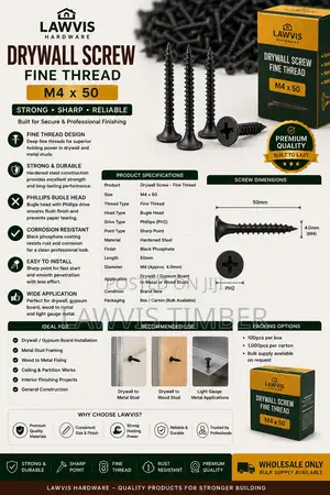 Drywall Screw Fine Thread M4 × 50mm | Black Phosphate