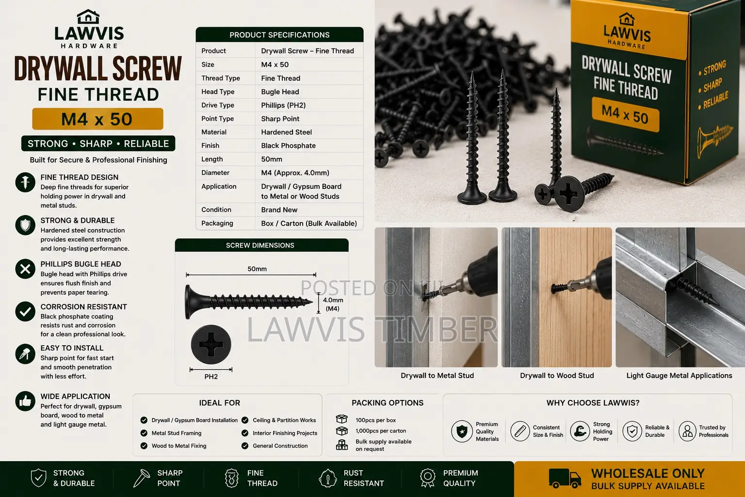 Drywall Screw Fine Thread M4 × 50mm | Black Phosphate