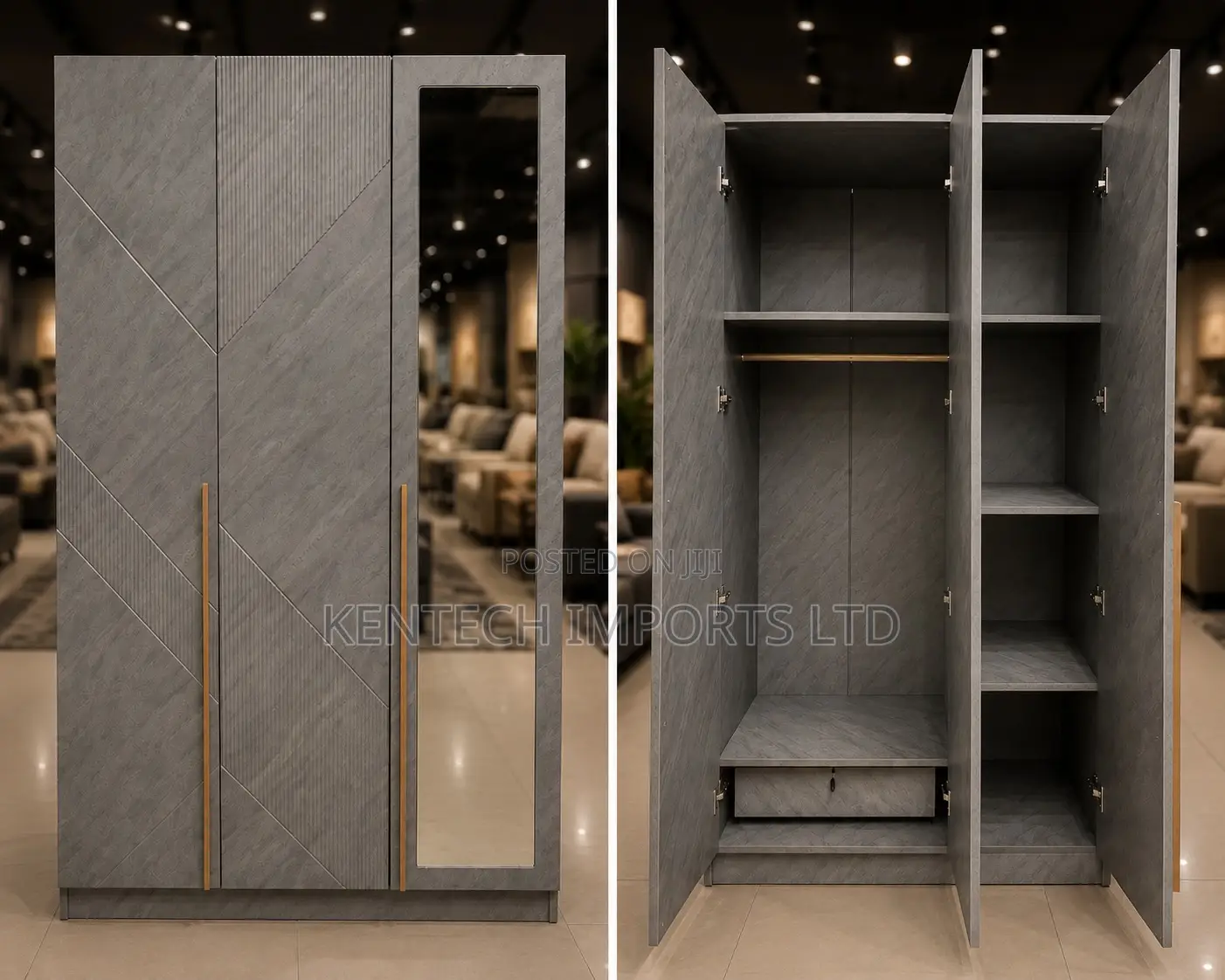 Modern Grey 3-Door Wardrobe