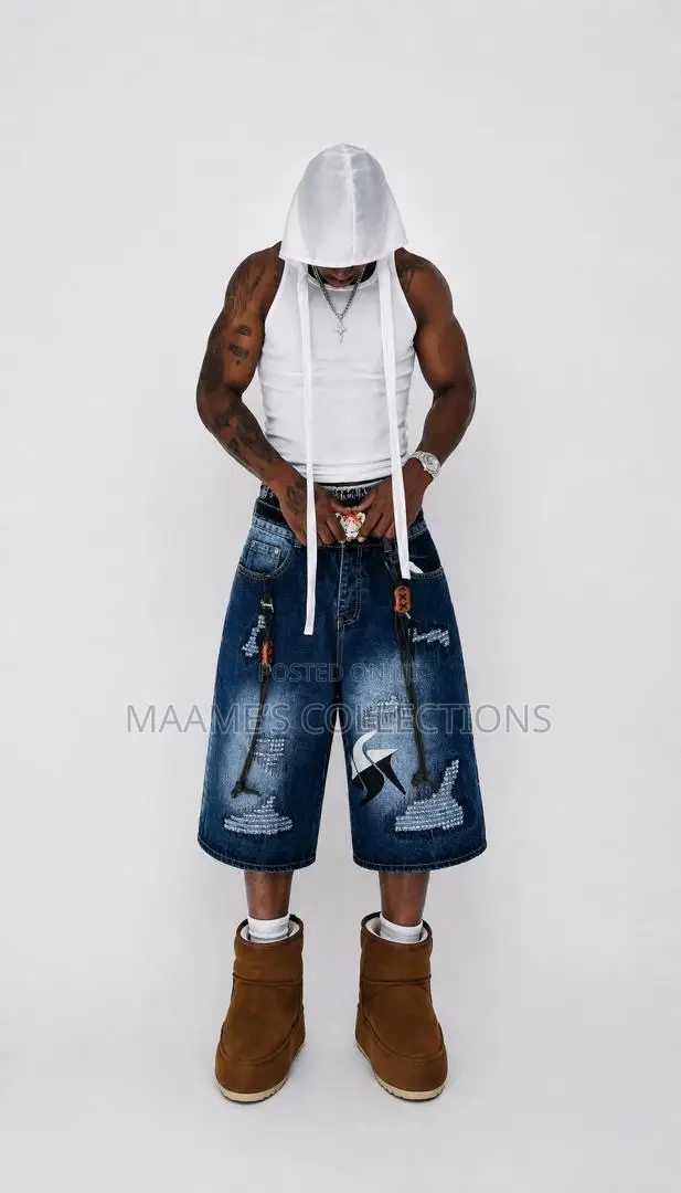 Men’s Oversized Distressed Denim Jorts – Streetwear Baggy Shorts