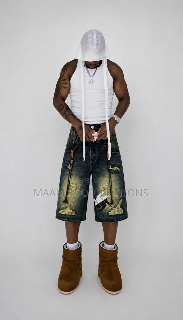 Men’s Oversized Distressed Denim Jorts – Streetwear Baggy Shorts