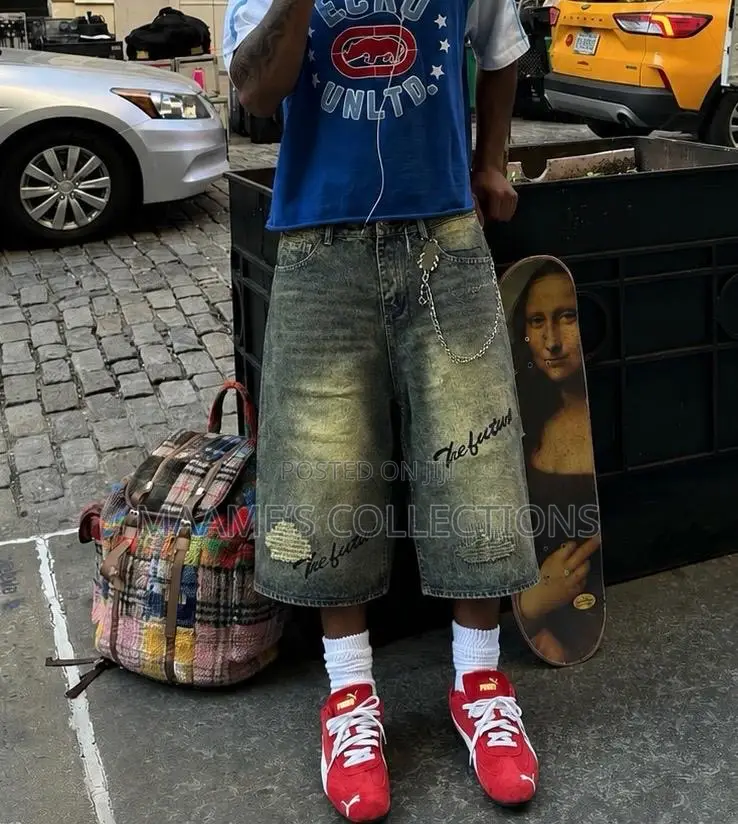 Men’s Oversized Distressed Denim Jorts – Streetwear Baggy Shorts