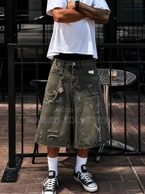 Men’s Oversized Distressed Denim Jorts – Streetwear Baggy Shorts