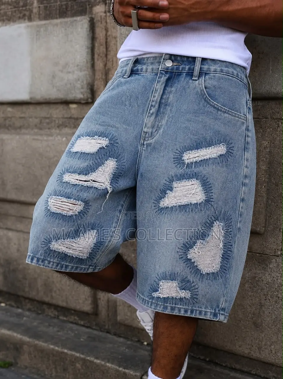Men’s Oversized Distressed Denim Jorts – Streetwear Baggy Shorts