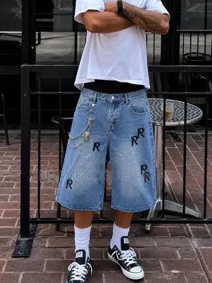 Men’s Oversized Distressed Denim Jorts – Streetwear Baggy Shorts
