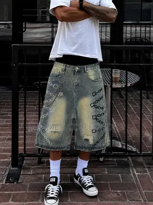Men’s Oversized Distressed Denim Jorts – Streetwear Baggy Shorts