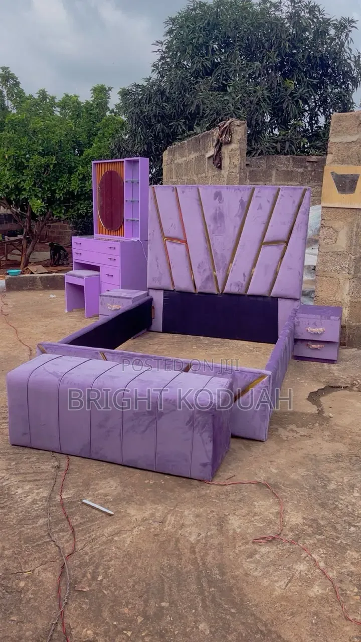 Latex Queen Size Bed Frame With Side Drawers and Ottoman