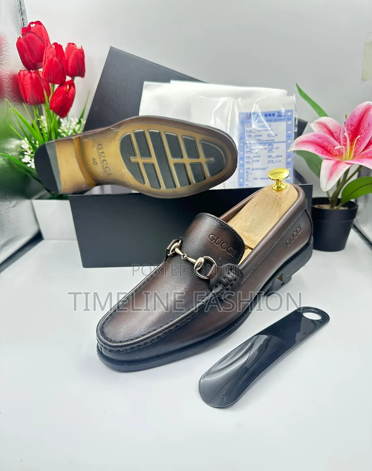 Coffee Brown Men's Durable Leather Gucci Shoes