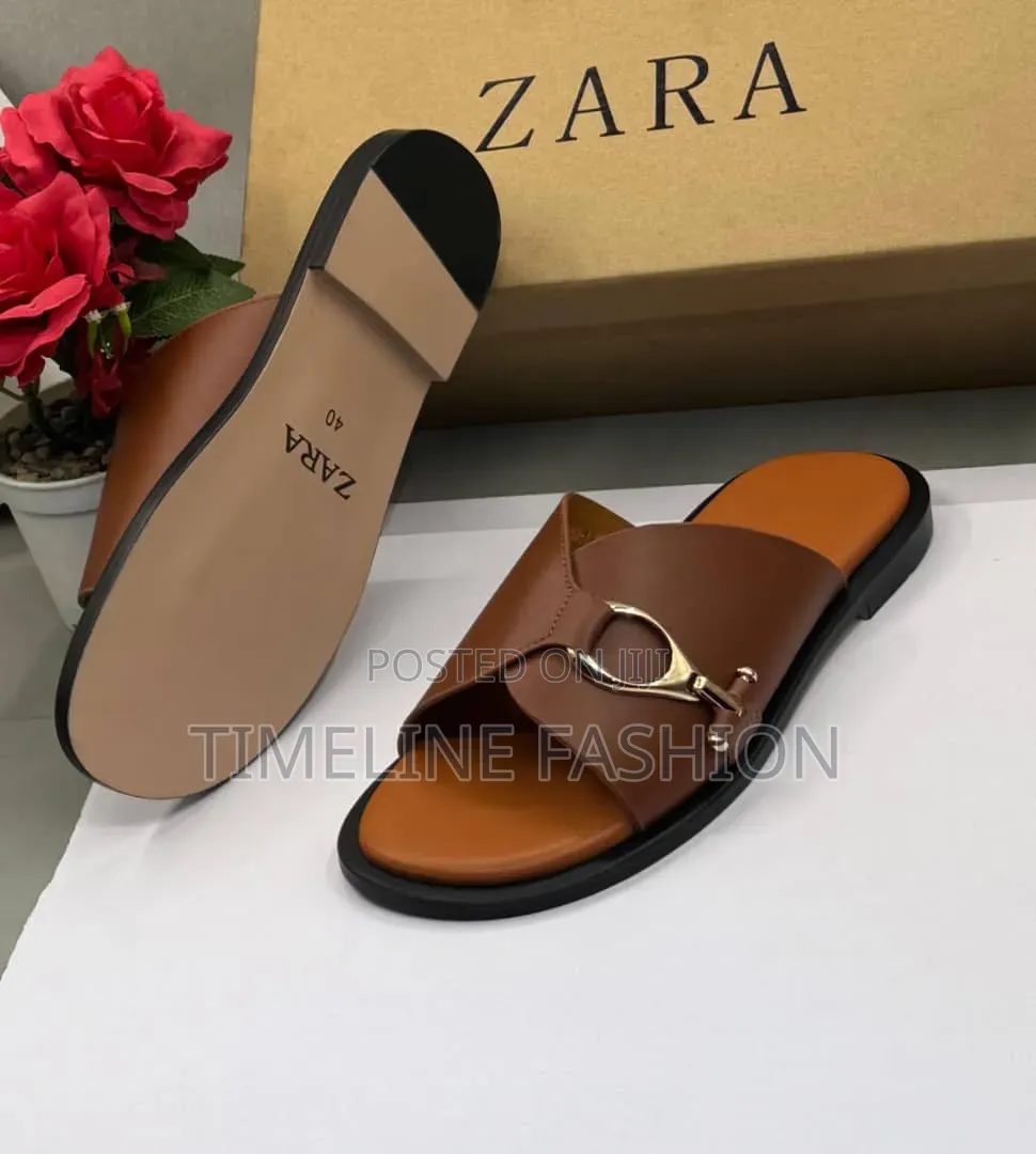 Quality Zara Men's Coffee Brown Leather Slippers 39-46