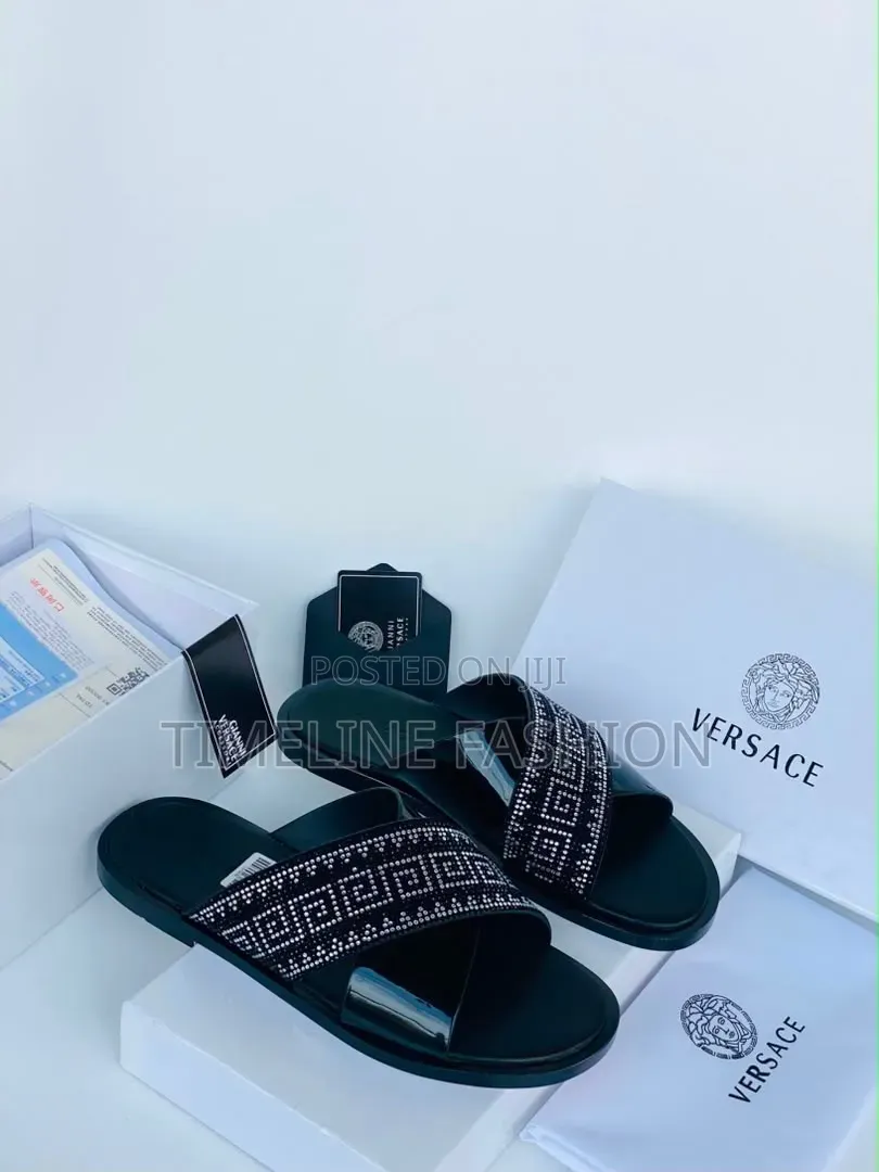 Versace Executive Men's Black Leather Cross Slippers