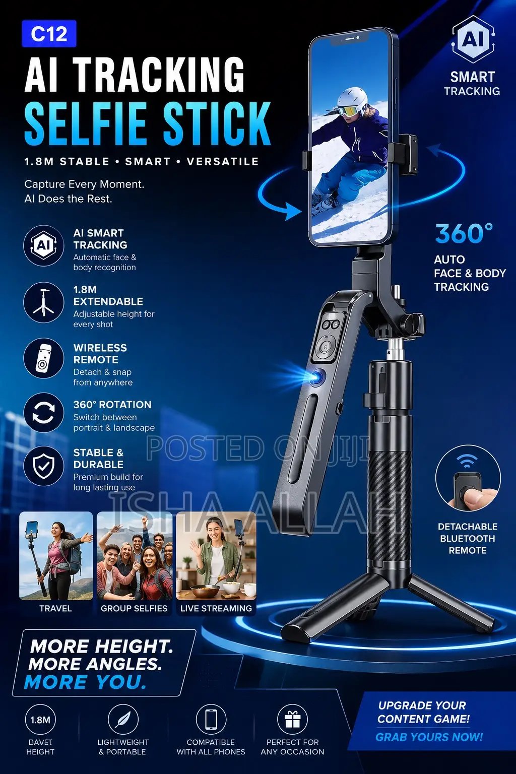 C12 AI Smart Tracking Selfie Stick Pro