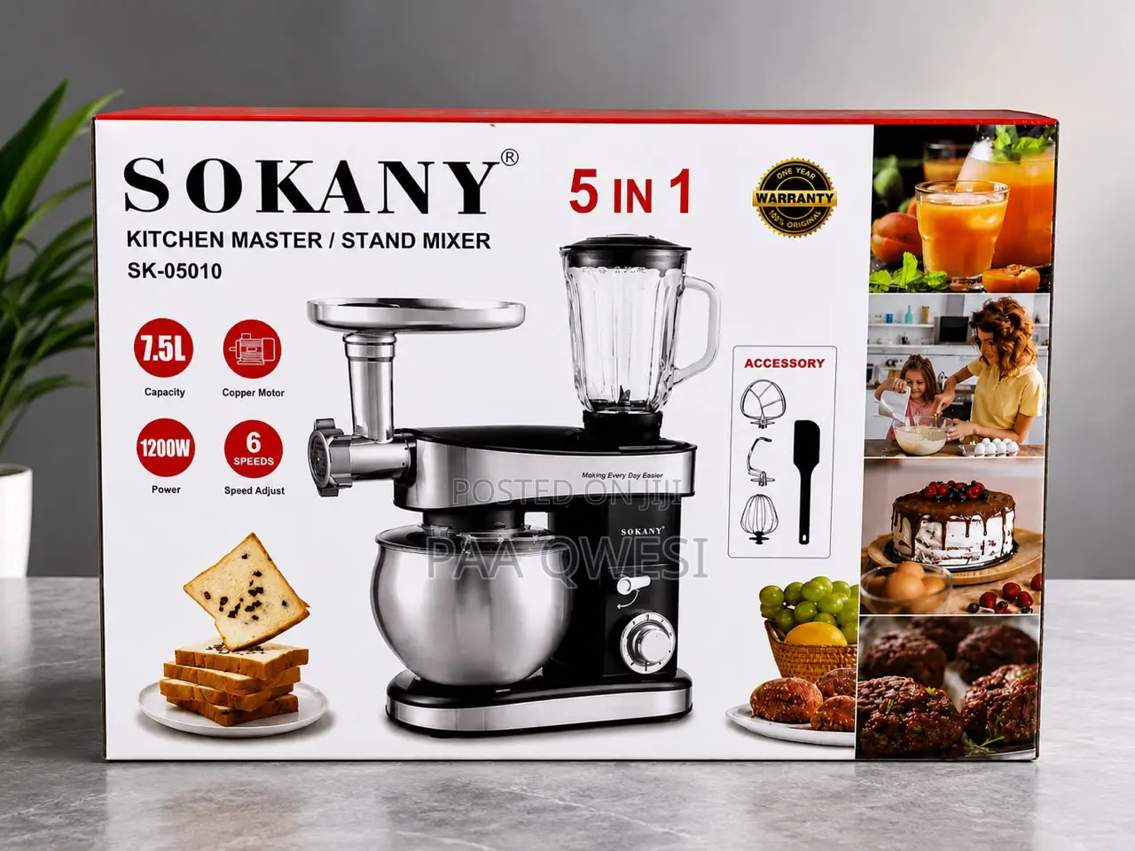 Original SOKANY 5-in-1 Kitchen Master Stand Mixer 7.5L 1200W