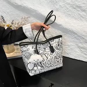 Pink White Doodle Cartoon Tote Bag